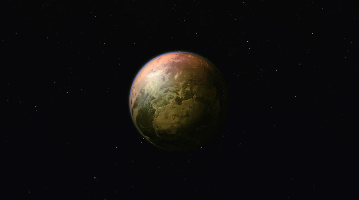 Un pianeta deserto rosso e marrone visto dall'orbita in Trigun Stampede