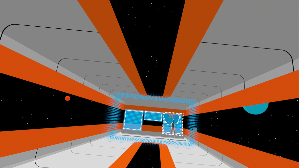 Una visuale in prima persona lungo un corridoio dell'era spaziale arancione e grigio, verso un altro giocatore con blocchi blu dietro di loro in C-Smash VRS