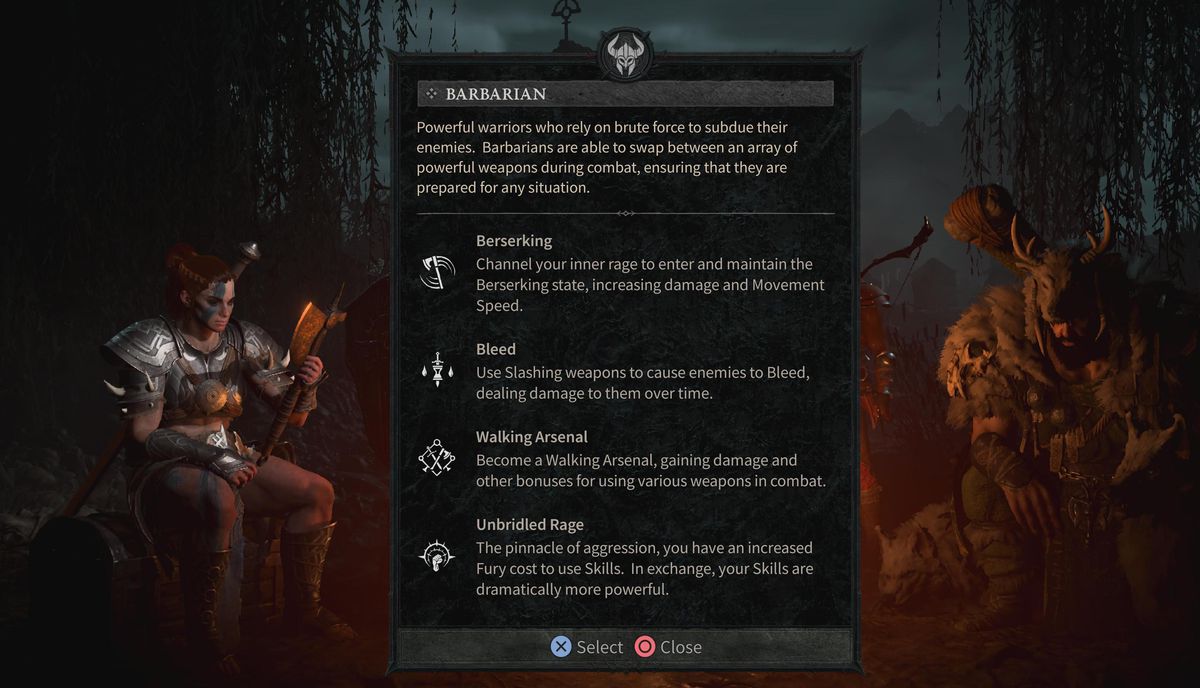 Un barbaro siede accanto a una descrizione della classe dei barbari in Diablo 4.