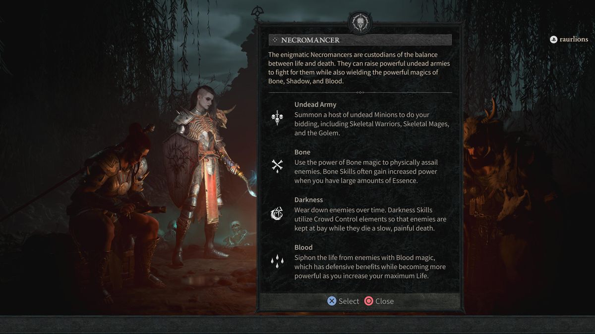 Un negromante si trova accanto a un falò accanto a una descrizione testuale della classe del negromante in Diablo 4.