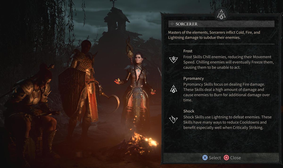Uno stregone si trova accanto a una descrizione verbale della classe dello stregone in Diablo 4.