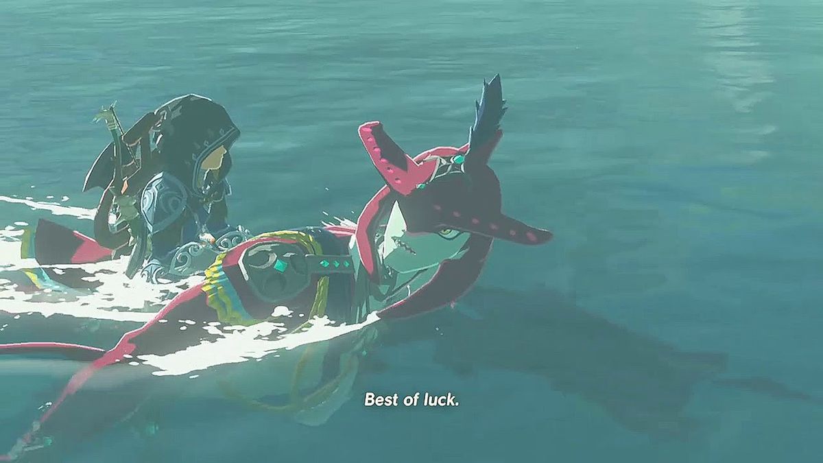 Uno screenshot di Link che cavalca l'uomo-pesce Sidon e Sidon che gli dice 