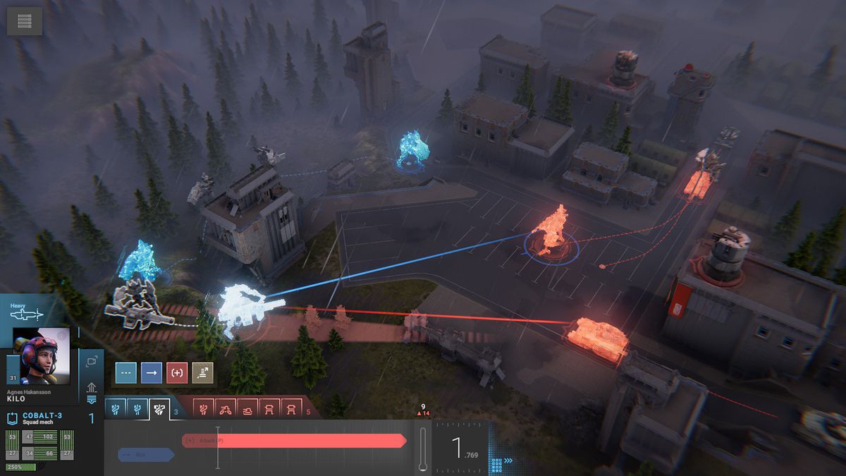 Una panoramica di una battaglia in Phantom Brigade, che mostra la sequenza temporale ibrida in tempo reale/a turni