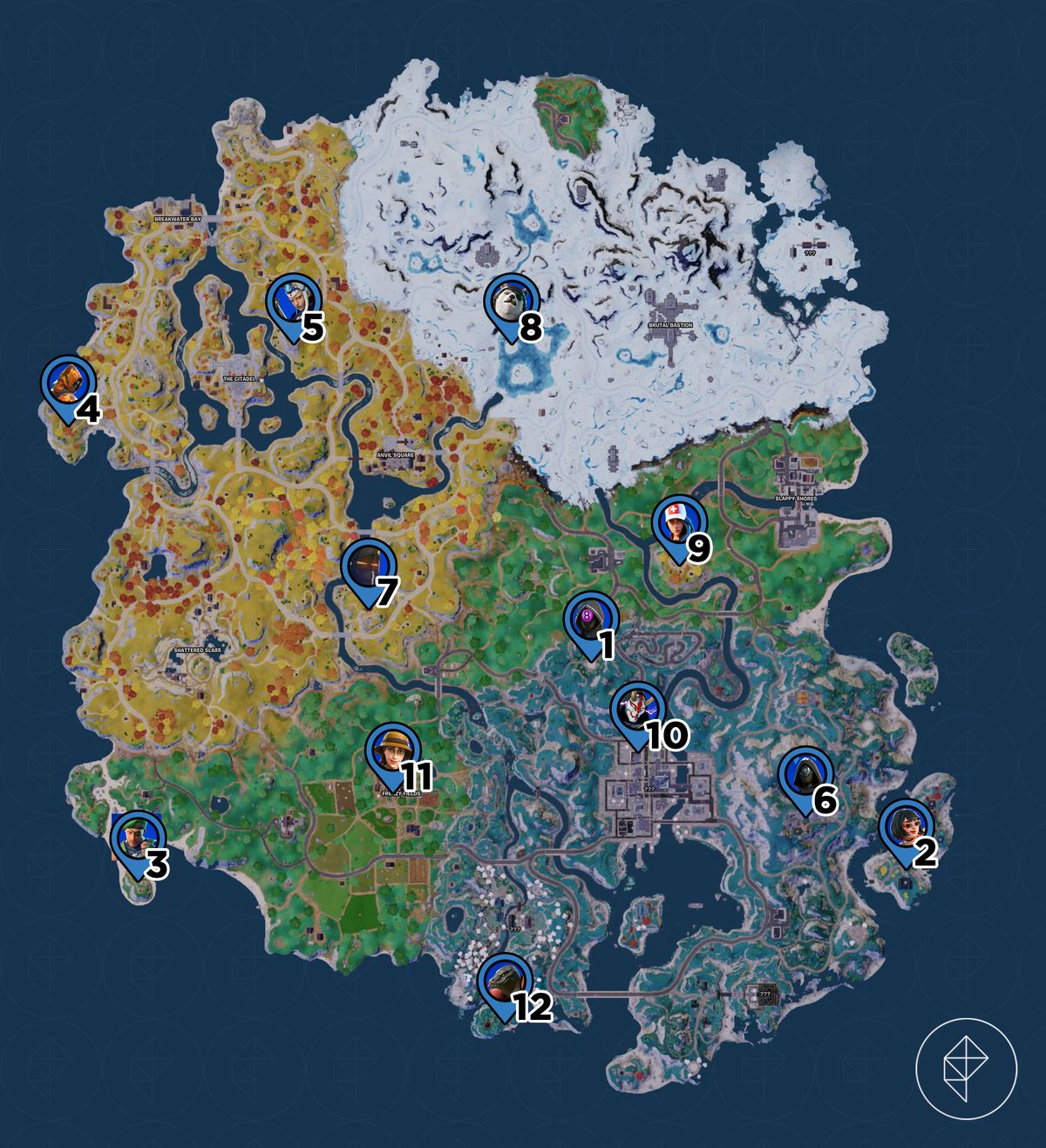 Una mappa dell'isola di Fortnite, che mostra i ping di ogni posizione del personaggio