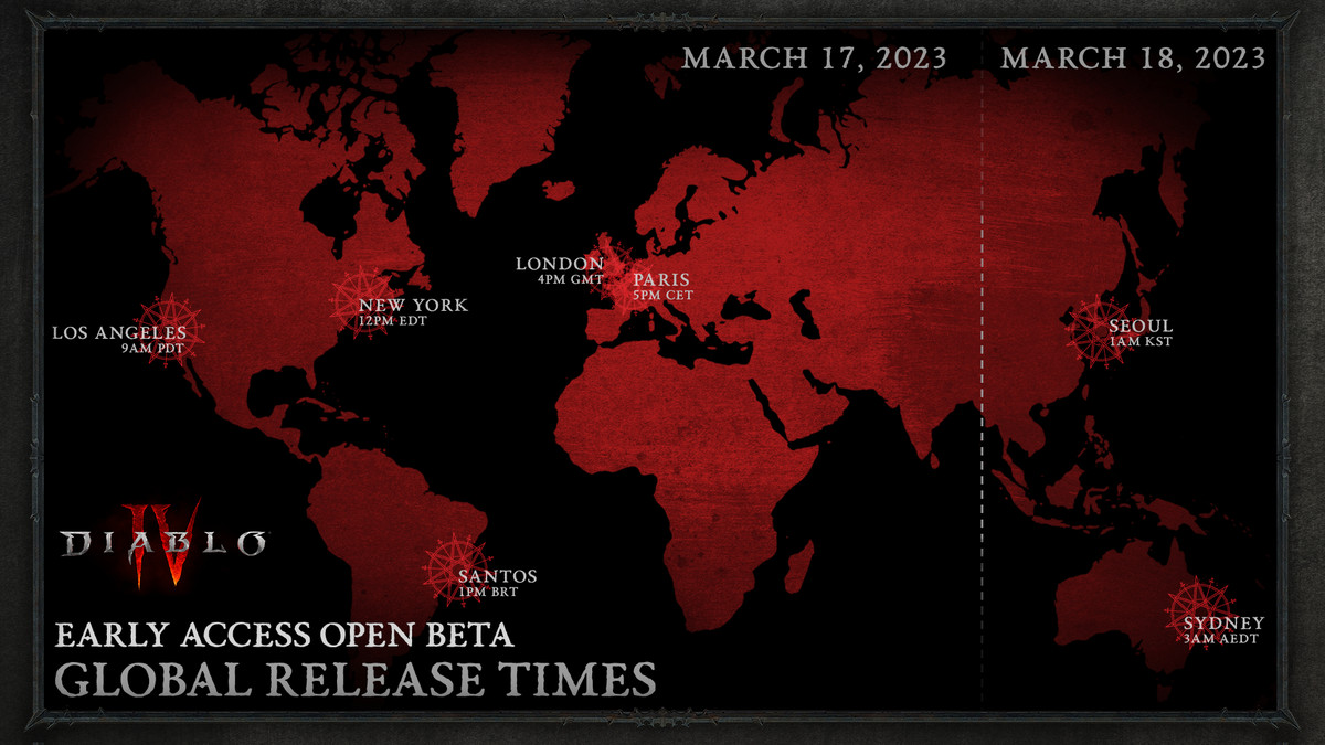 Una mappa del mondo con i paesi in rosso, dove i tempi sono sovrapposti nelle regioni per mostrare quando la beta di Diablo 4 sarà disponibile.