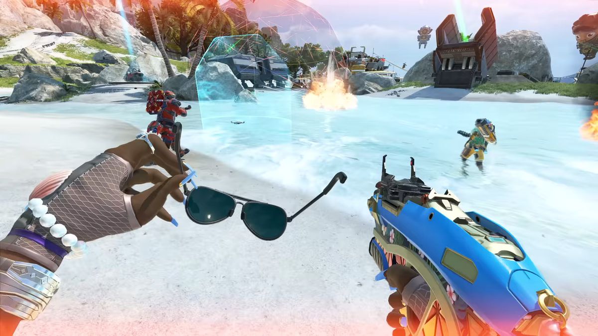 Battaglia che segue in Apex Legends sulla spiaggia mentre un personaggio sta solo tenendo gli occhiali da sole all'aperto.