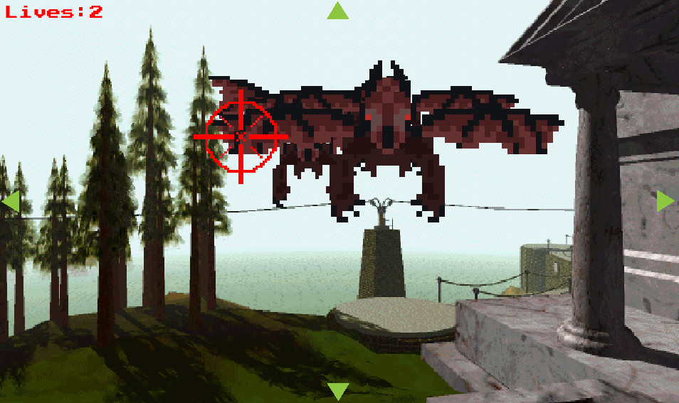 Myst FPS - piccoli demoni alati pixellati attaccano il giocatore sul gradino di un edificio di marmo di Myst