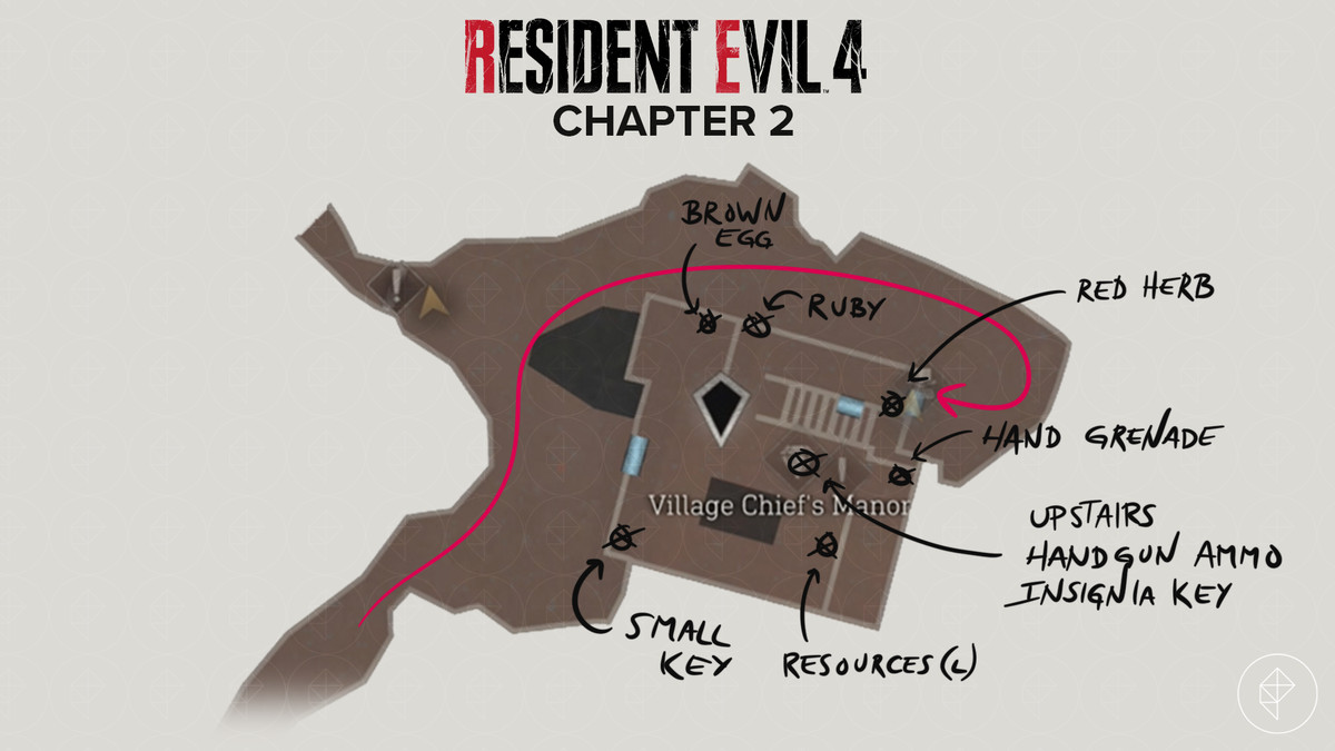 Mappa del remake di Resident Evil 4 con percorso e oggetti nell'area del maniero del capo villaggio