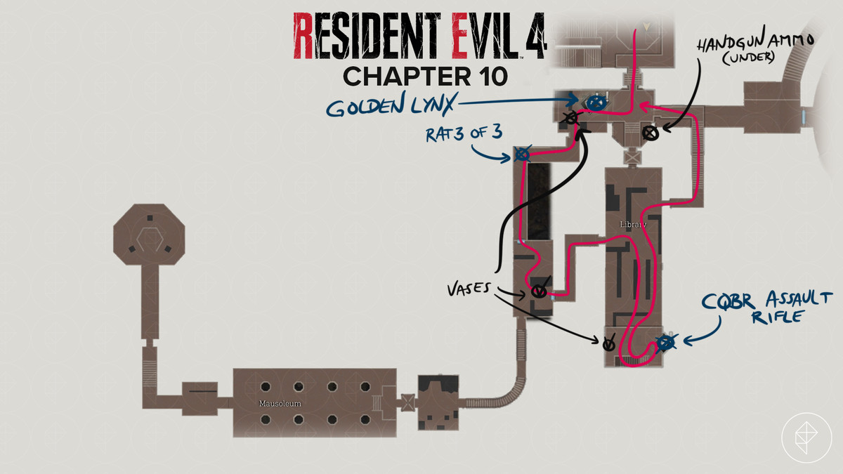 Mappa del remake di Resident Evil 4 attraverso la Biblioteca nei panni di Leon con gli oggetti contrassegnati
