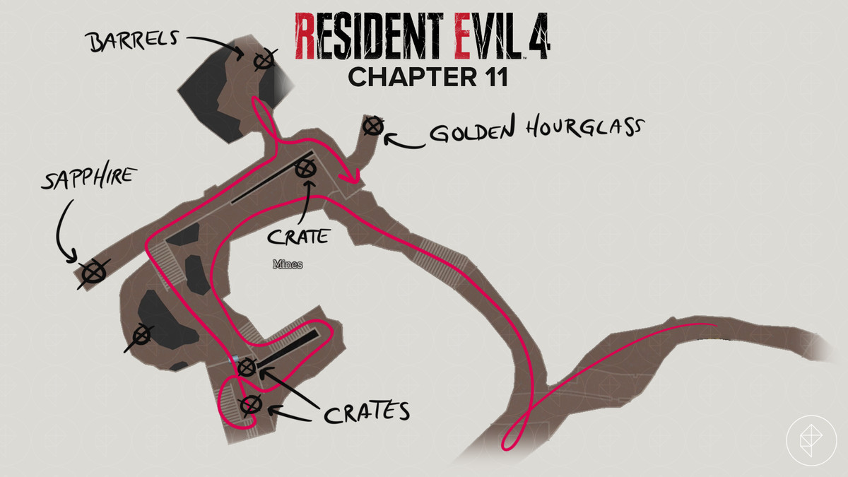 Resident Evil 4 remake mappa delle miniere con elementi importanti contrassegnati