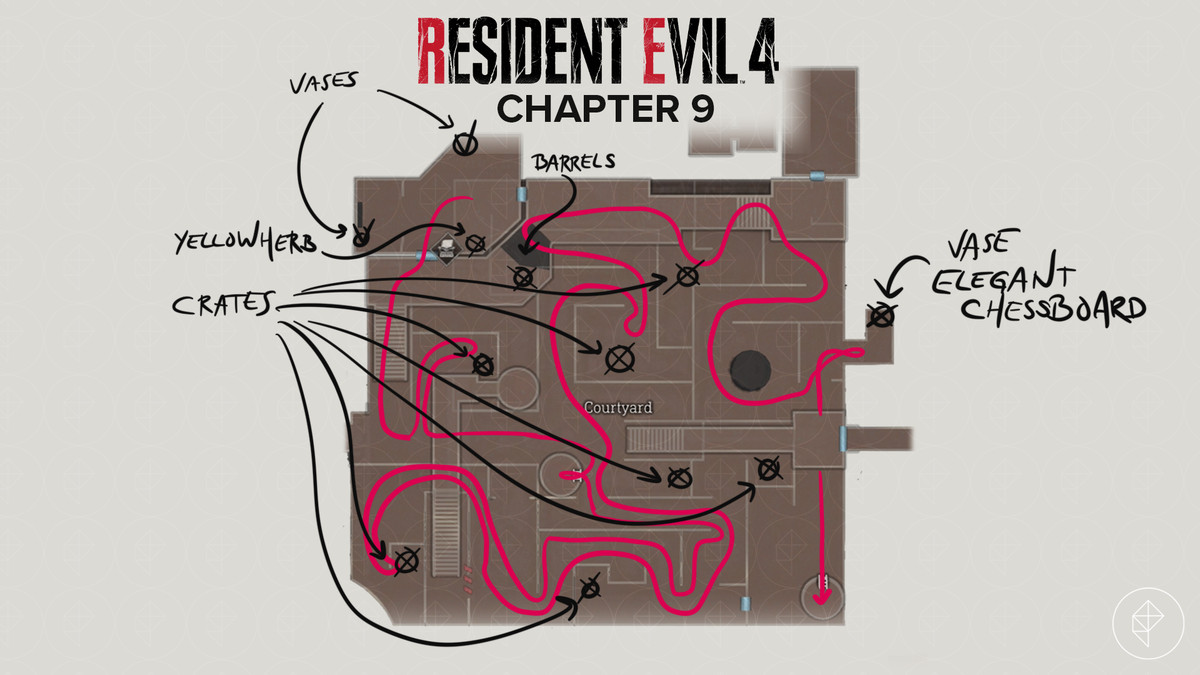 Mappa del cortile remake di Resident Evil 4 con un percorso molto elaborato e oggetti contrassegnati.