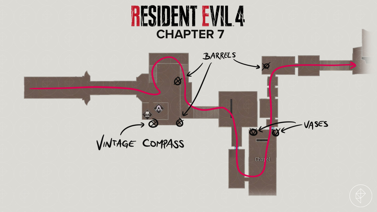 Mappa del remake di Resident Evil 4 che mostra il percorso nella Cappella con gli oggetti