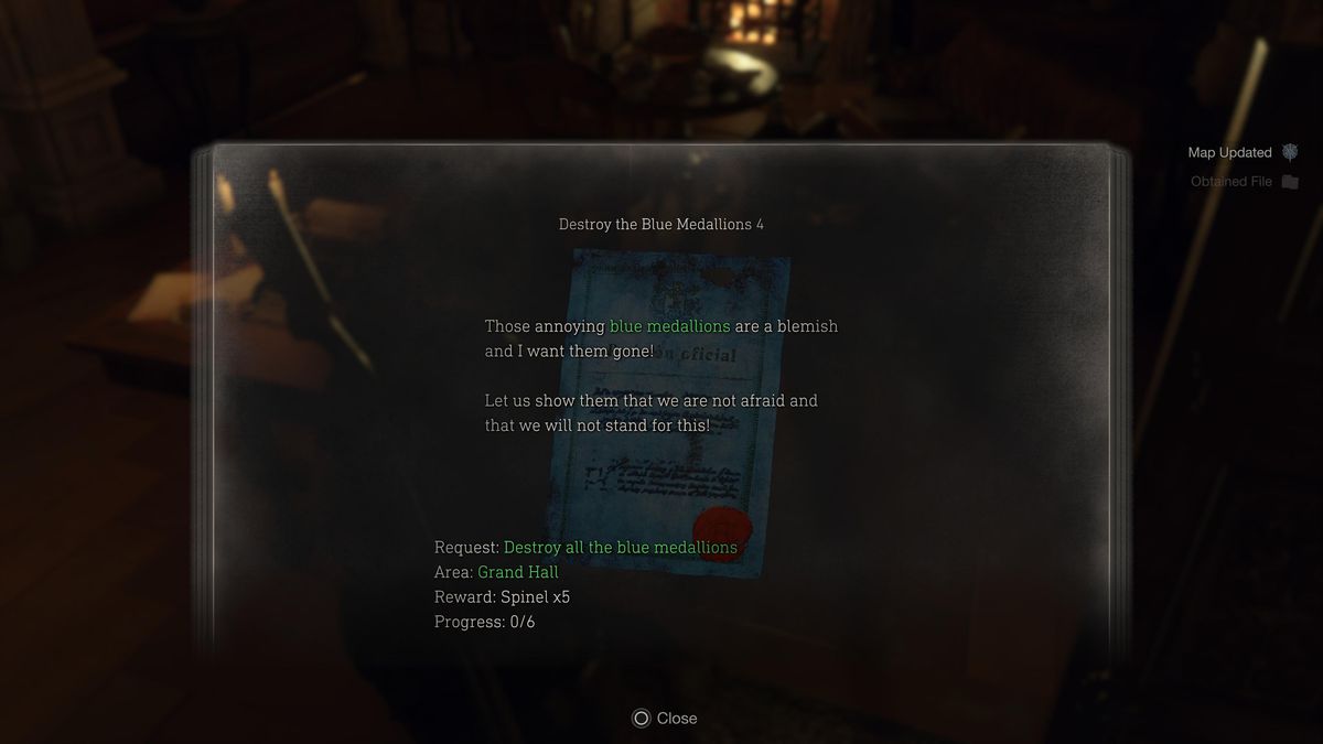 Un esempio di richiesta nel remake di Resident Evil 4, che mostra i dettagli dell'attività Distruggi i medaglioni blu 4