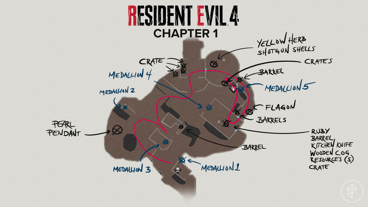 Mappa del remake di Resident Evil 4 che mostra gli oggetti nella Fattoria