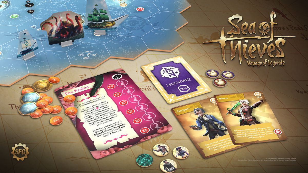 Un rendering di un primo mock-up del gioco da tavolo Sea of ​​Thieves di Steamforged include stand di cartone colorato invece di miniature.