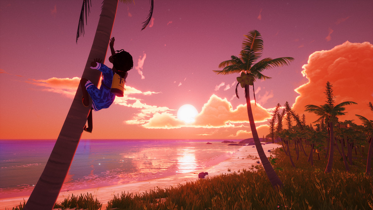 Un bambino che si arrampica su un tre mentre il tramonto tinge di rosa il cielo e l'oceano.