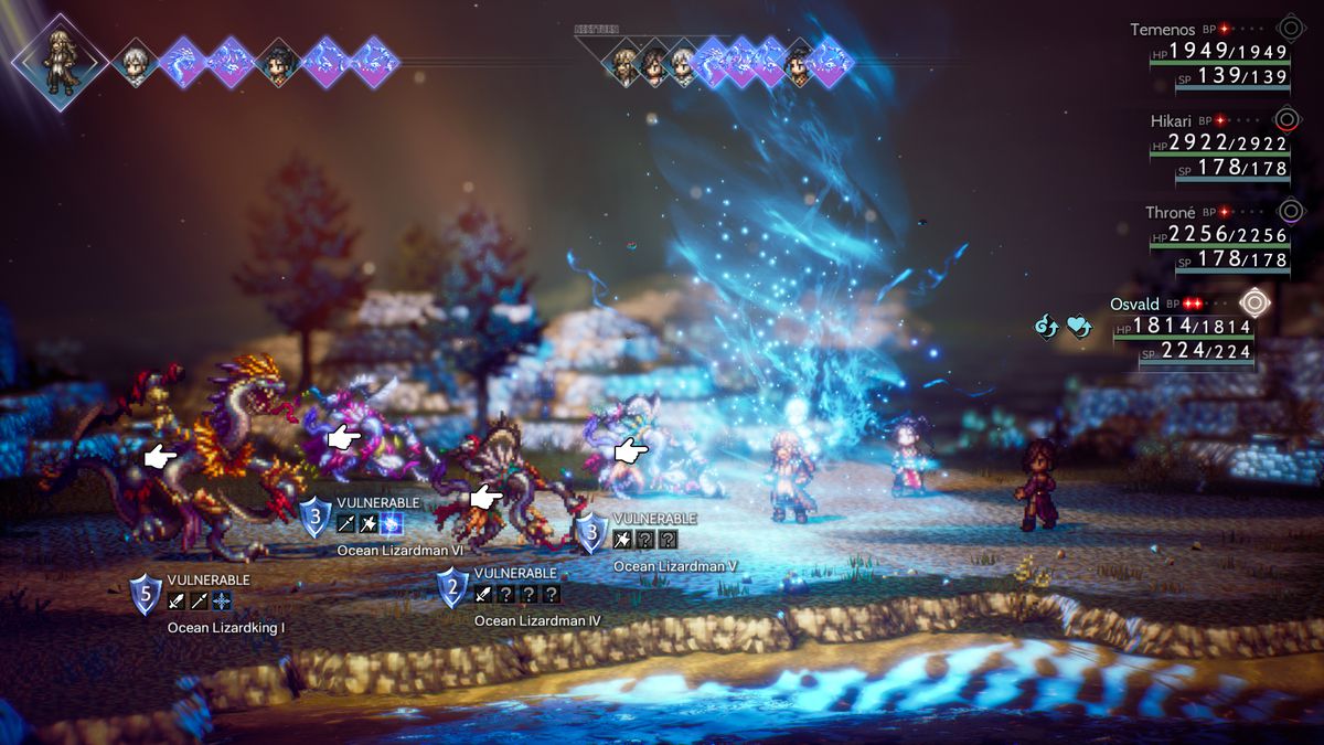La schermata di battaglia in Octopath Traveller 2, che mostra quattro personaggi schierati contro quattro nemici lucertola