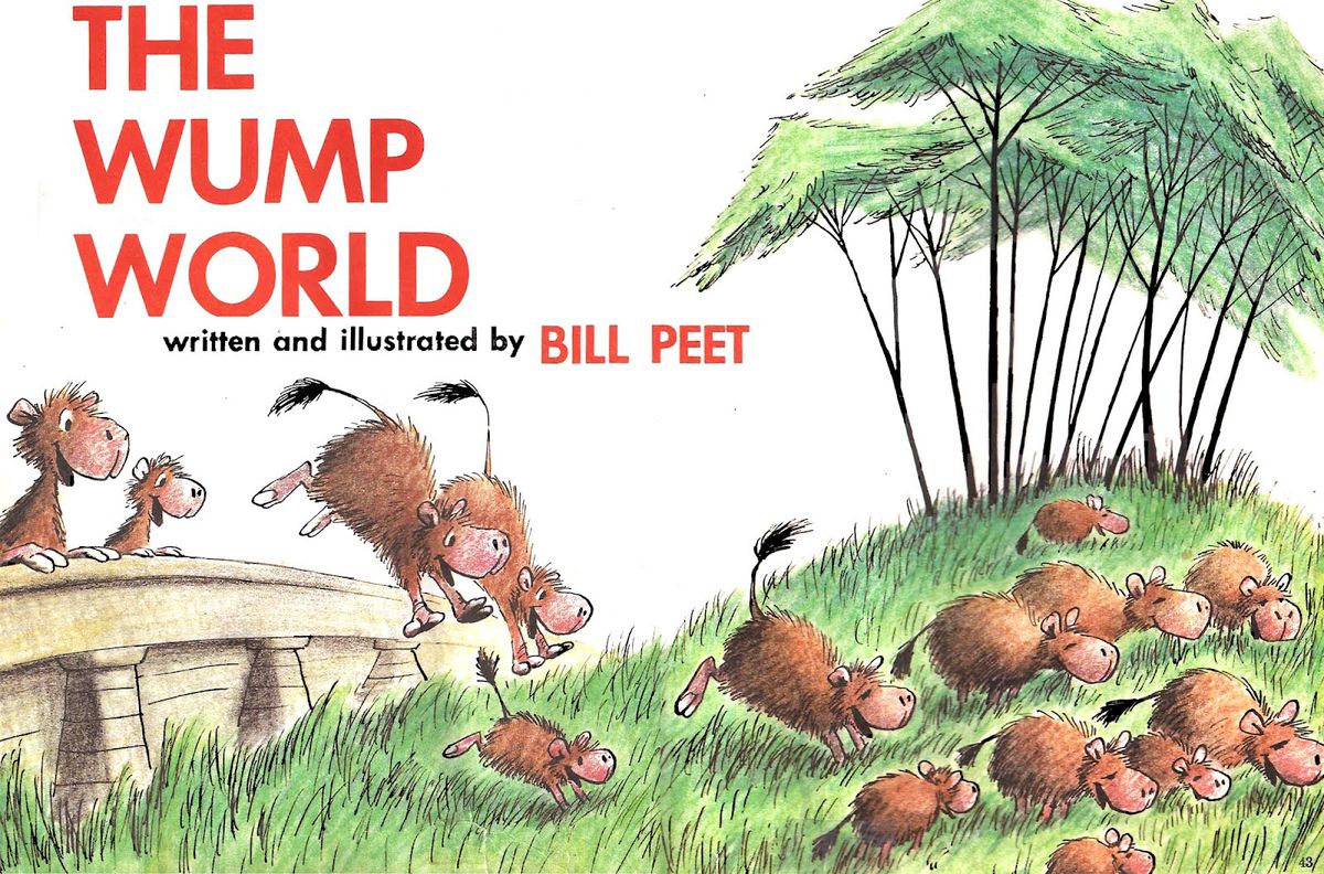 Un'illustrazione tratta da The Wump World di Bill Peet.  Un branco di wump - che sembrano capibara con code di elefante e piedi ungulati - che salta gioiosamente oltre una barriera di cemento in un bel campo verde con alberi a forma di ombrello. 