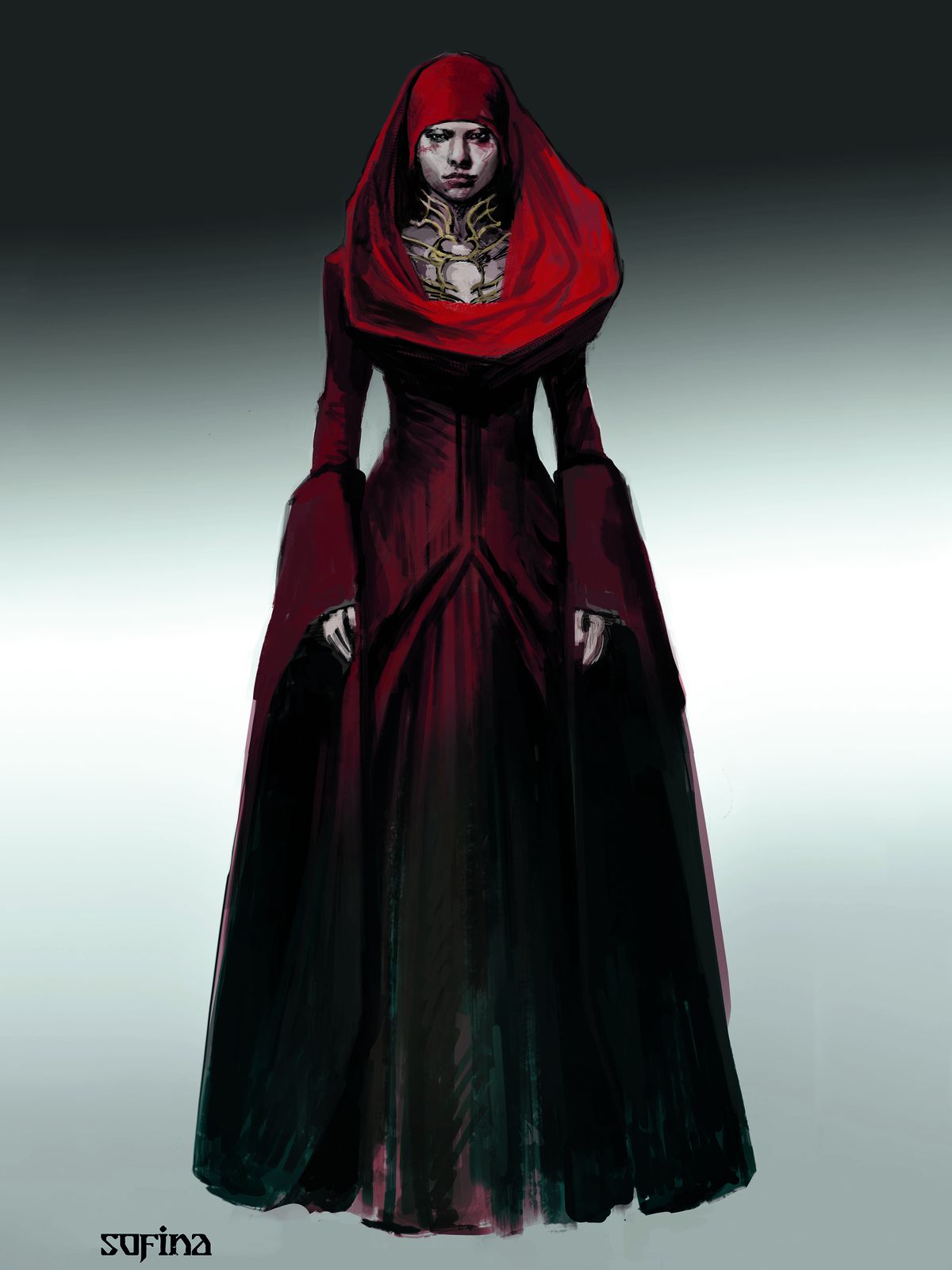 Concept art di Sofina, un mago rosso di Thay in Dungeons and Dragons: Honor Among Thieves.  Indossa un lungo abito rosso-nero come il suo ultimo look da film, con uno zucchetto.