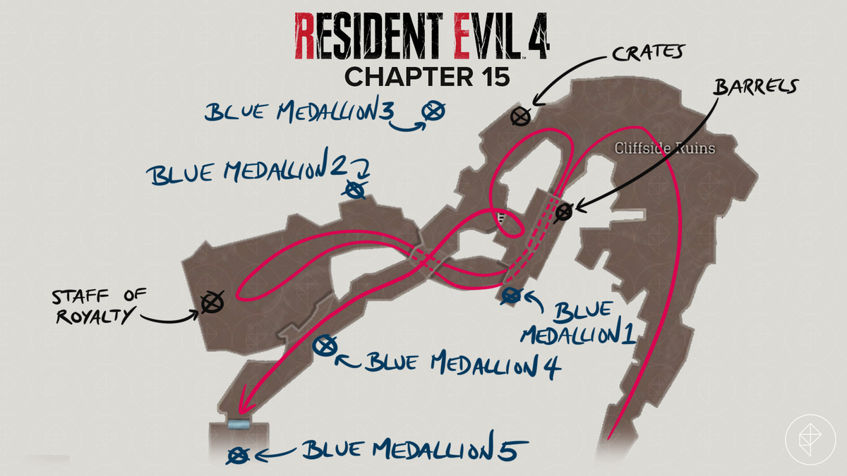 Mappa del remake di Resident Evil 4 delle Cliffside Ruins con un percorso e oggetti contrassegnati
