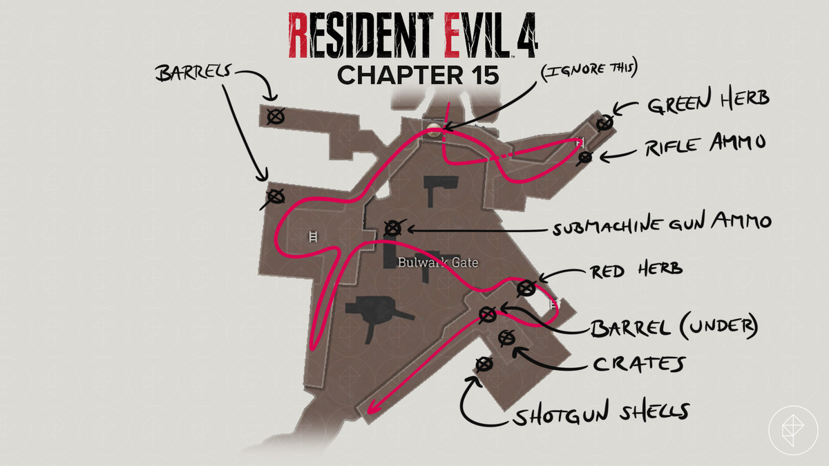 Mappa del remake di Resident Evil 4 attraverso il Bulwark Gate con gli oggetti contrassegnati