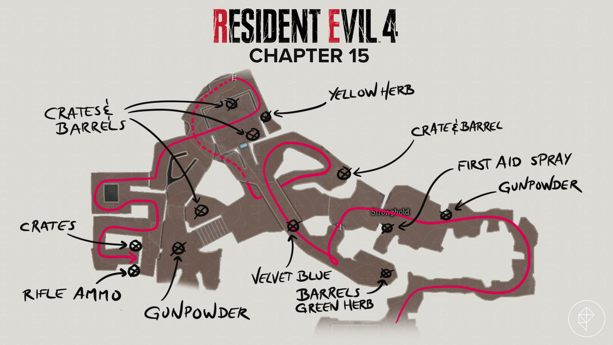 Mappa del remake di Resident Evil 4 della Fortezza con percorso e oggetti contrassegnati