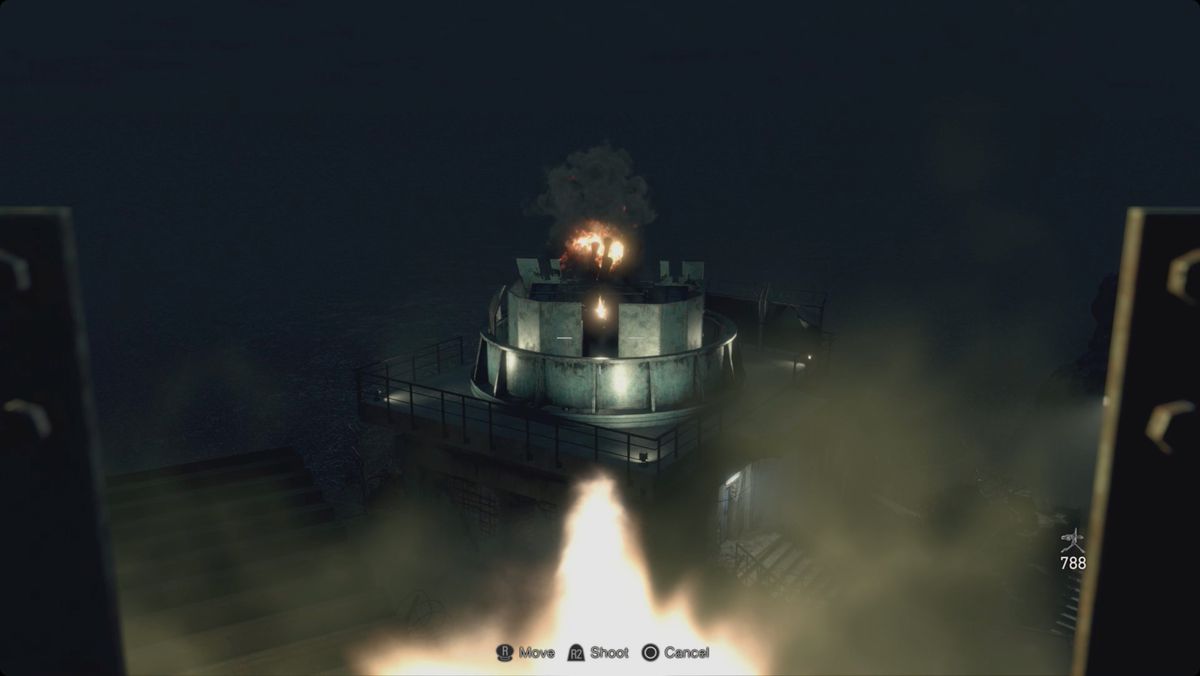 Remake di Resident Evil 4 che utilizza una postazione di cannone per distruggere il cannone antiaereo
