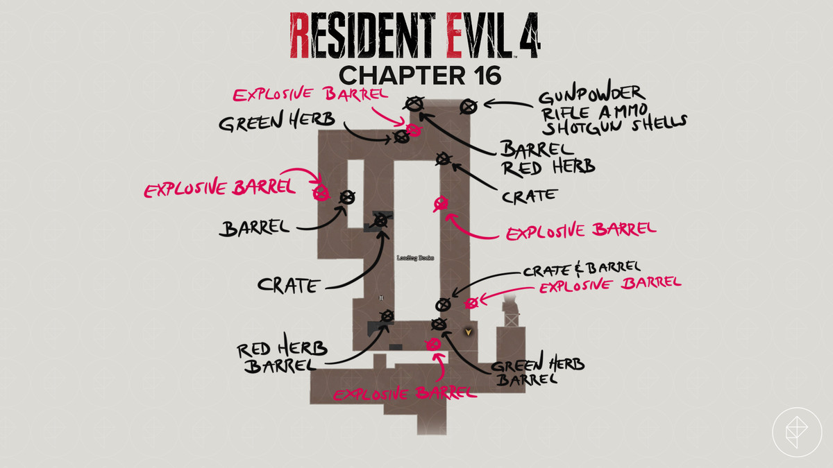 Mappa del remake di Resident Evil 4 dell'arena di combattimento del boss di Loading Docks con gli oggetti contrassegnati.