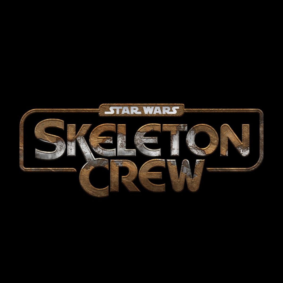 Le parole Star Wars Skeleton Crew in un trattamento del logo marrone e argento
