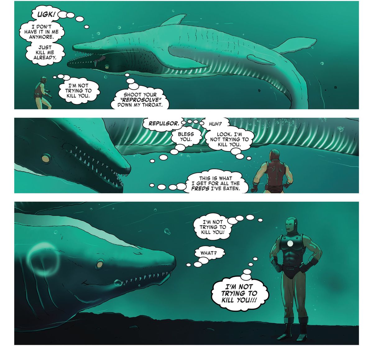 In piedi sul fondo dell'oceano con le braccia sui fianchi, Iron Man dice ripetutamente a un mosasauro psichico un po 'abbattuto che non sta cercando di ucciderli in I Am Aron Man # 2 (2023). 