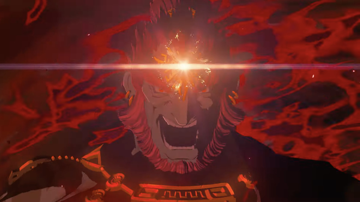 Un'immagine di Ganon in The Legend of Zelda: Tears of the Kingdom.  La sua testa risplende d'oro per il potere ed è circondato da un miasma rosso. 