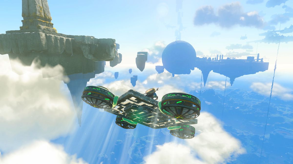 Collegamento tra le nuvole pilotando un hovercraft in The Legend of Zelda: Tears of the Kingdom
