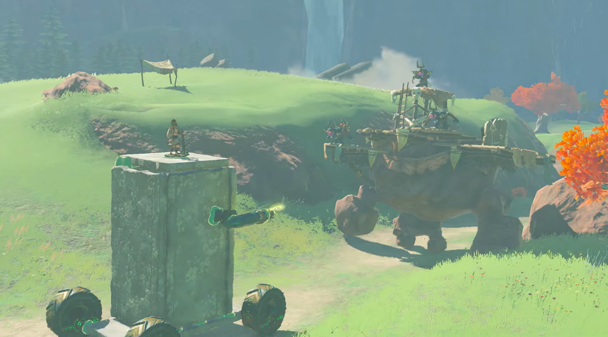 Link in cima a un blocco di pietra con ruote, combatte contro Bokoblin su un Talus in The Legend of Zelda: Tears of the Kingdom