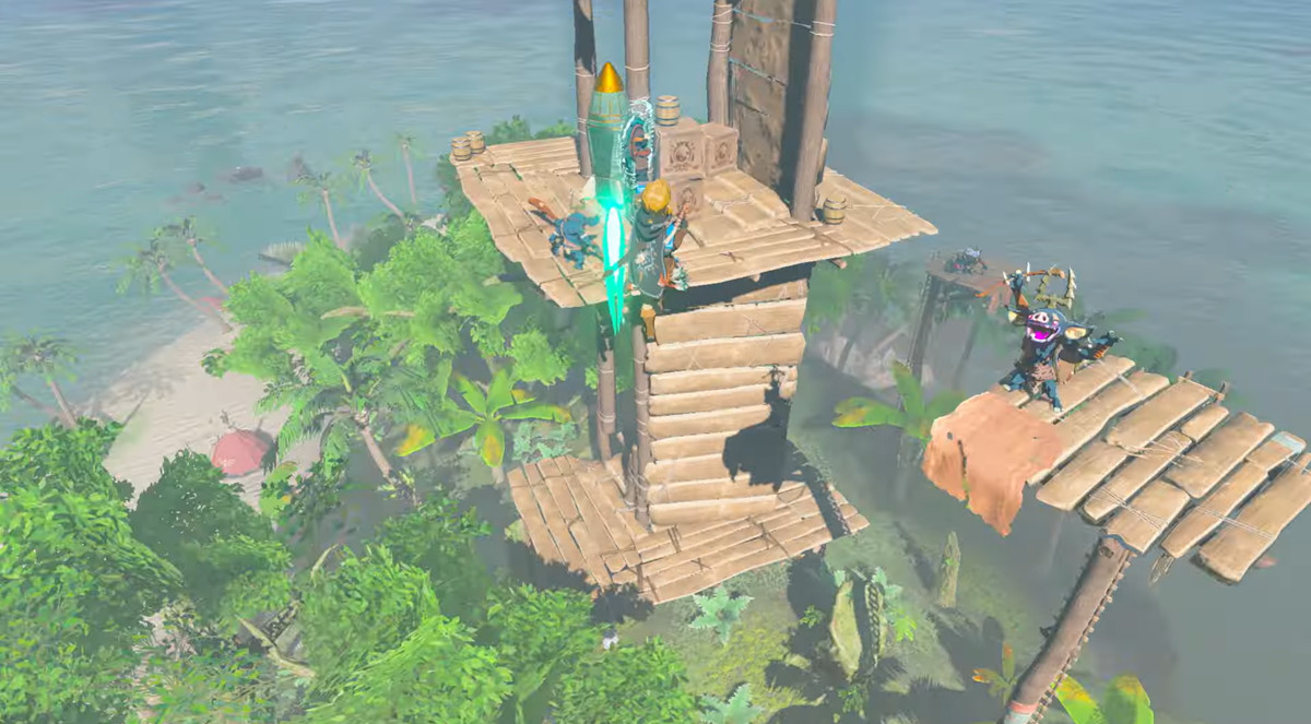 Link aggrappato a un razzo fatto in casa mentre vola verso l'alto in The Legend of Zelda: Tears of the Kingdom