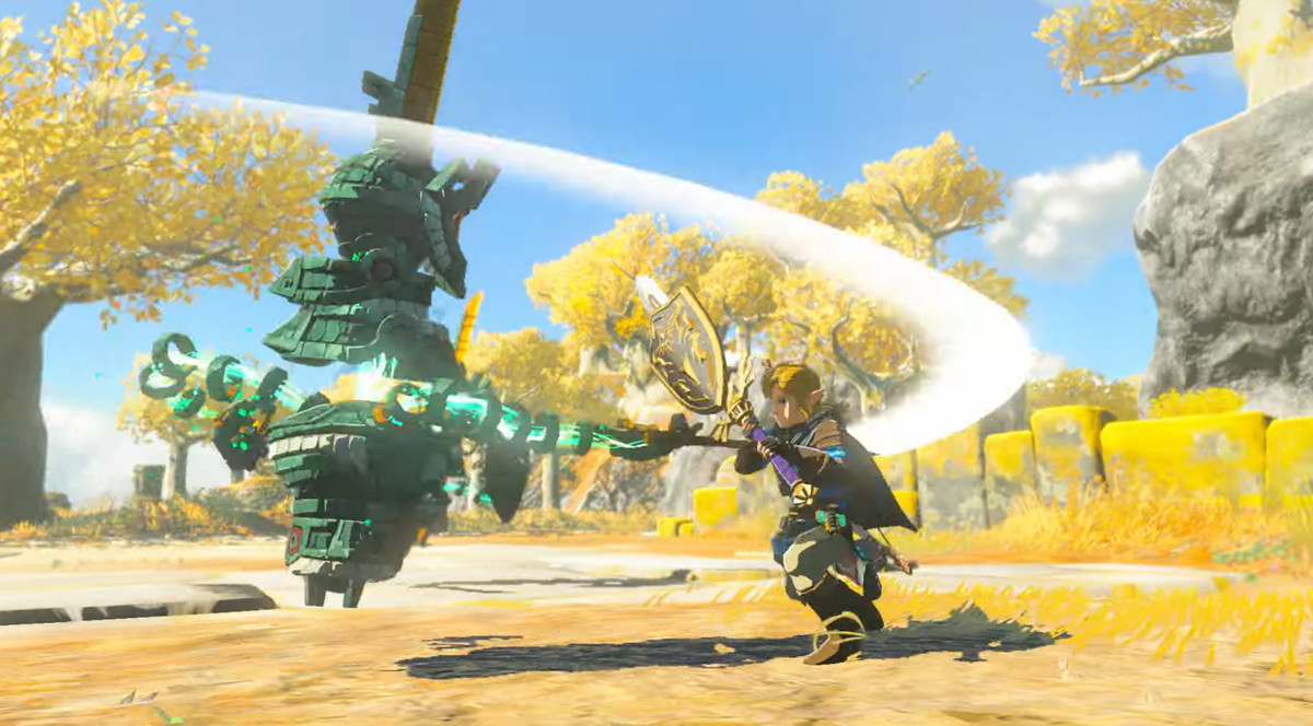 Link che brandisce una spada con uno scudo attaccato in The Legend of Zelda: Tears of the Kingdom mentre combatte contro un Costrutto