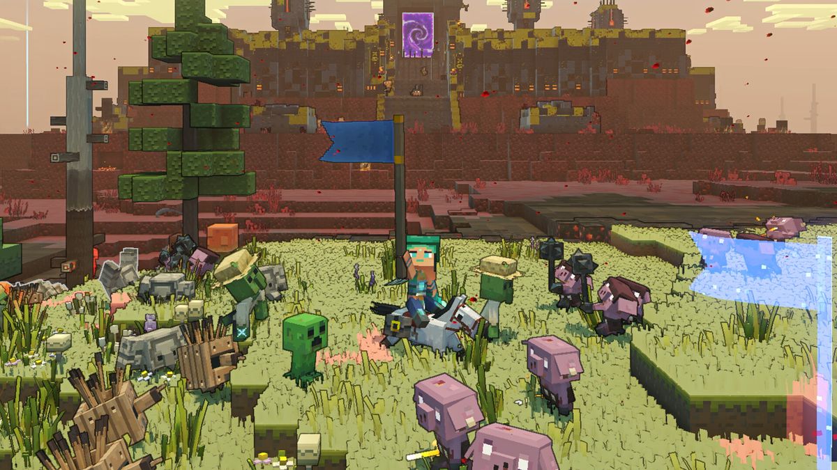 Il giocatore solleva uno stendardo in cima al proprio cavallo per radunare l'esercito al proprio fianco mentre i Piglin sciamano intorno alla scena in Minecraft Legends.