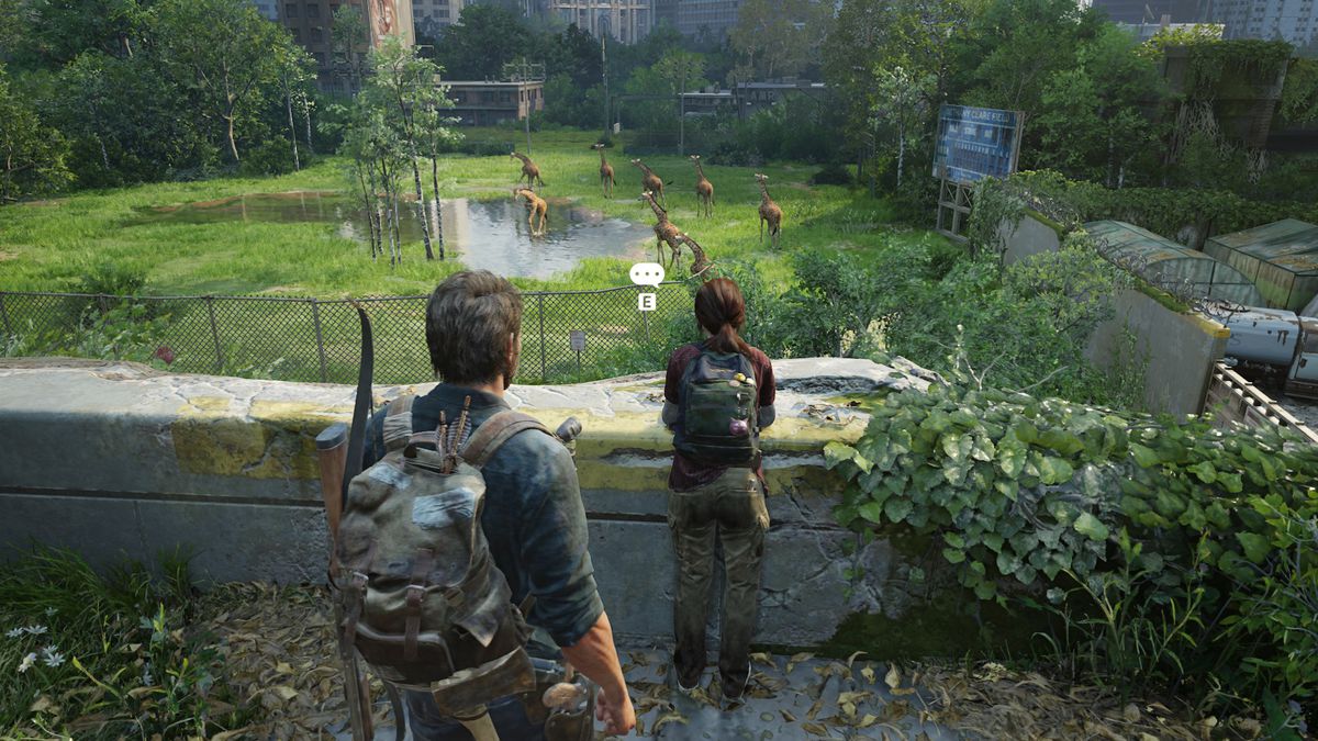 Joel ed Ellie guardano le giraffe vagare per le strade di Salt Lake City in The Last of Us Part 1