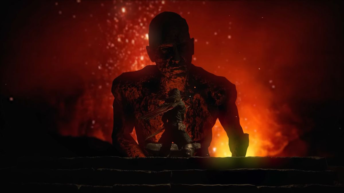 Un personaggio di classe Rogue fissa un gigante ardente e simile allo zolfo in Path of Exile