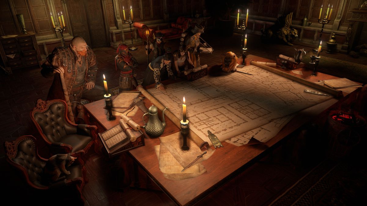 I personaggi si riuniscono attorno a un tavolo per consultare tomi e mappe in Path of Exile