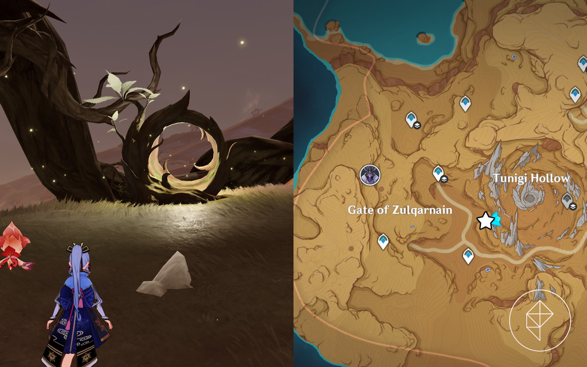 Il sesto albero Fravashi in Genshin Impact indicato da una schermata di gioco e una stella sulla mappa.