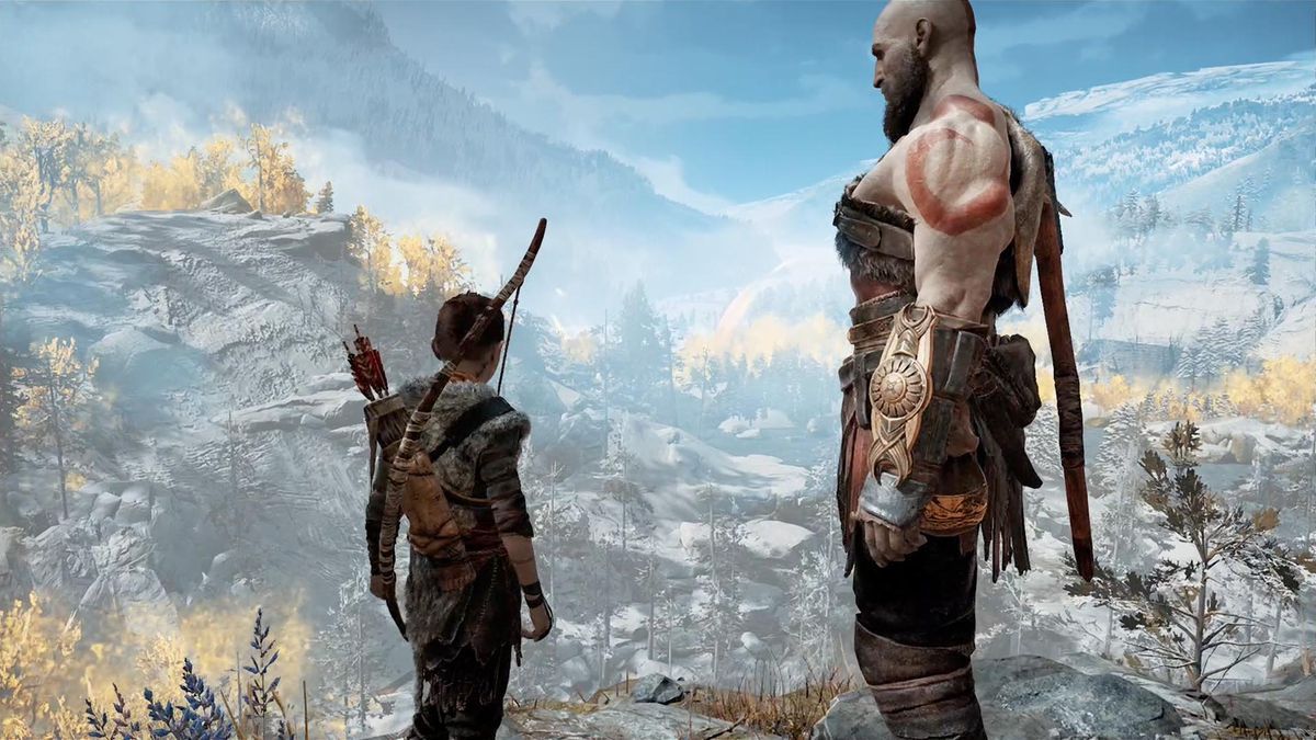 Kratos e Atreus scrutano il paesaggio nordico, dopo aver disperso le ceneri di Faye, in God of War (2018)