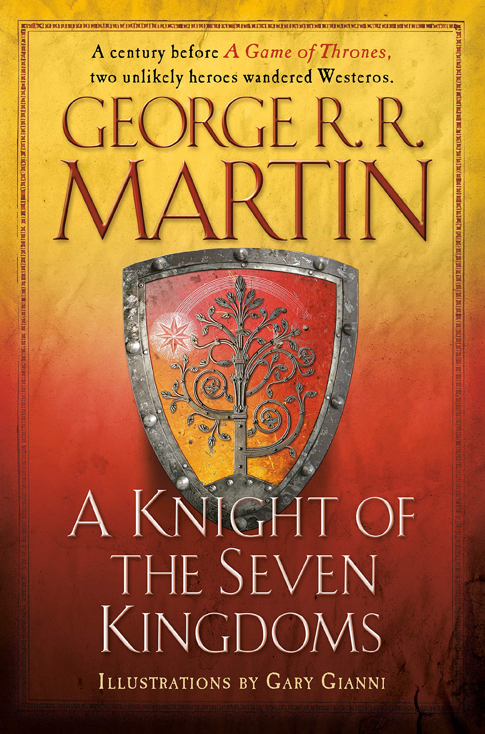 Uno scudo con sopra un albero sulla copertina di A Knight of Seven Kingdoms di George RR Martin