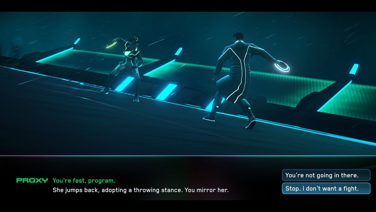 Uno screenshot di Tron: Identity, con Proxy e Query che si affrontano in un duello a disco leggero.