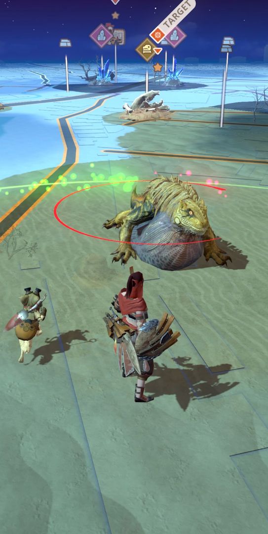 Un giocatore umano e un compagno incontrano un Great Jagras sulla mappa del mondo in uno screenshot di Monster Hunter Now