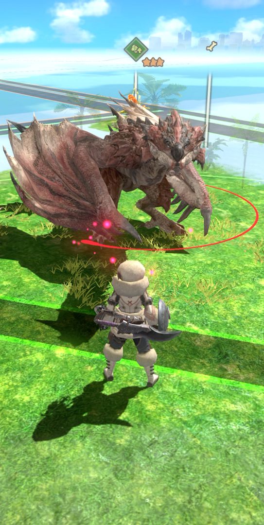 Un giocatore umano incontra un Rathalos sulla mappa del mondo in uno screenshot di Monster Hunter Now