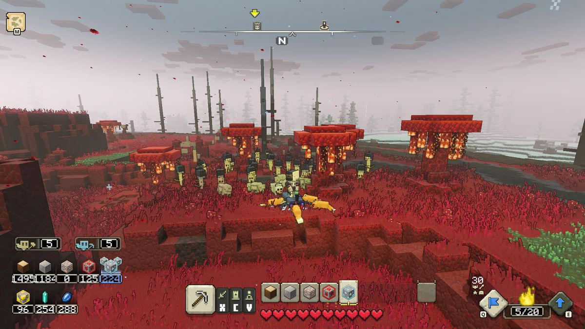 L'eroe è circondato da un esercito di scheletri arcieri in Minecraft Legends