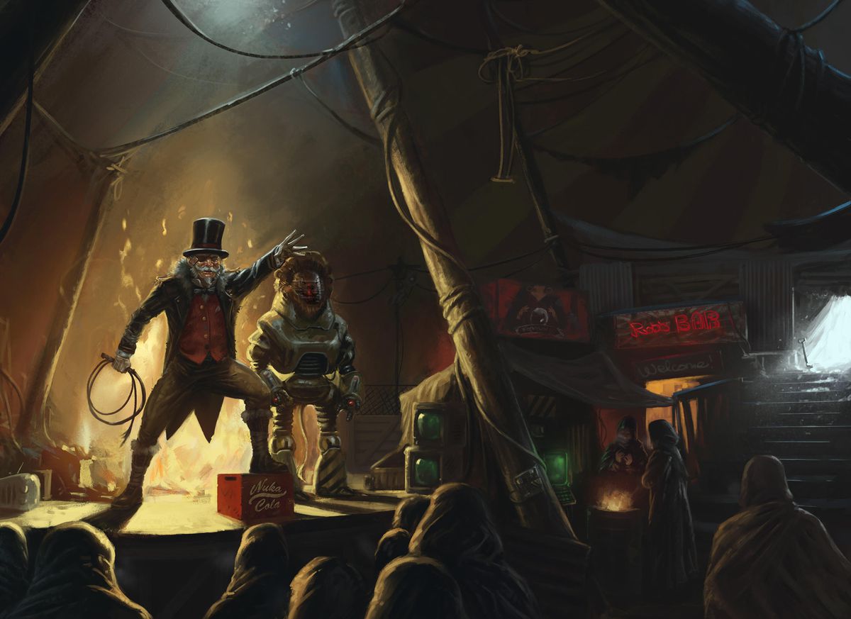 Una serie di ghoul gestisce un circo fuori dal tendone, uno dei luoghi che i giocatori possono incontrare nel libro della campagna Winter of Atom.