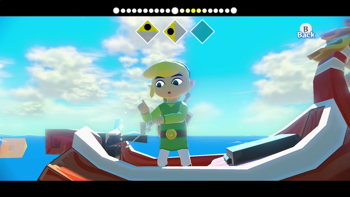Link usa il Wind Waker per cambiare i venti in cima alla barca King of Red Lions in The Legend of Zelda: Wind Waker HD