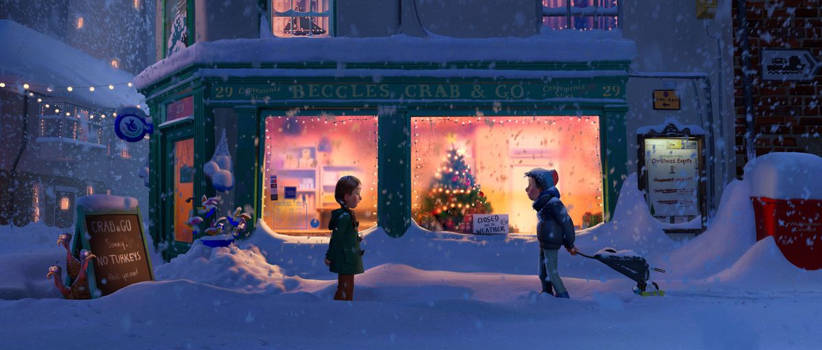 Un'immagine pubblicitaria iniziale del film d'animazione di Netflix That Christmas mostra un ragazzo e una ragazza in piedi uno di fronte all'altro per strada di notte mentre la neve cade pesantemente intorno a loro.  Entrambi si stagliano contro la brillante luce color pesca proveniente dalla vetrina di un negozio e il suo albero di Natale dietro di loro.