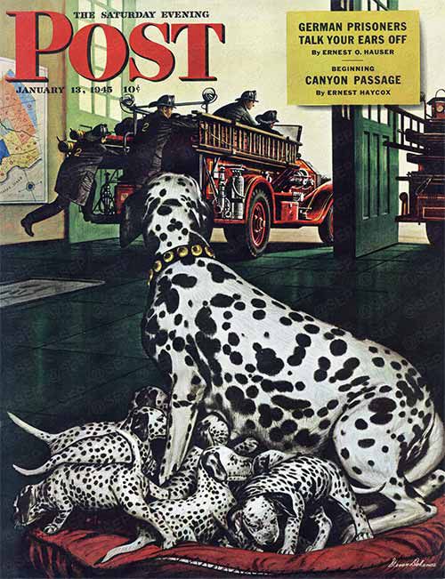 Una madre dalmata con una cucciolata di cuccioli maculati aspetta in una caserma dei pompieri mentre i pompieri saltano su un'autopompa in movimento e se ne vanno, sulla copertina del Saturday Evening Post. 